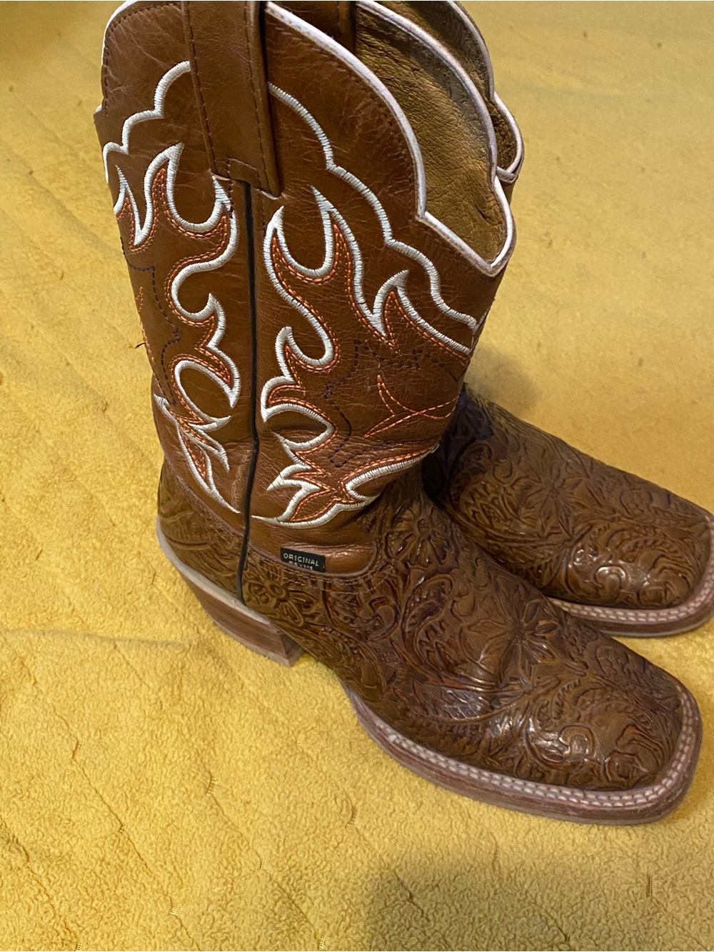 Brown Tooled Leather Cowboy Boots with Embroidered Shaft